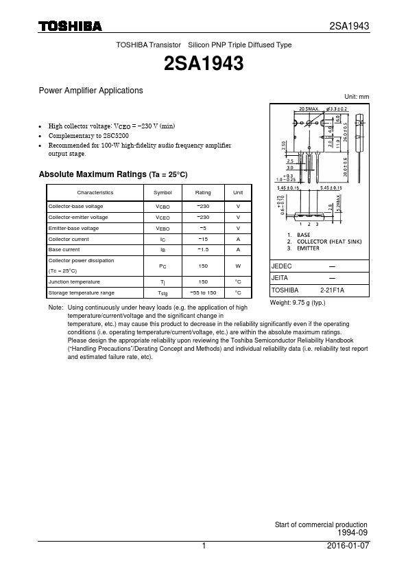 2SA1943 Toshiba Semiconductor