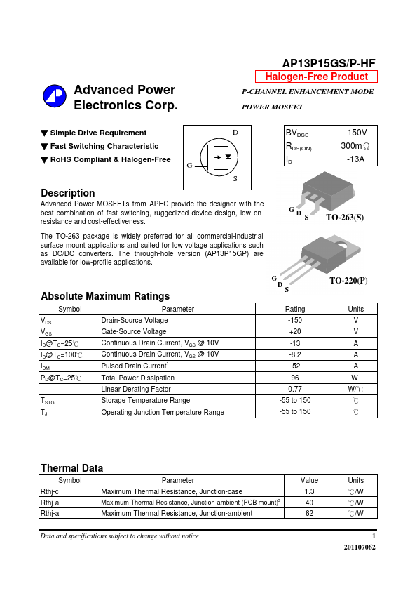 AP13P15GP-HF Advanced Power Electronics