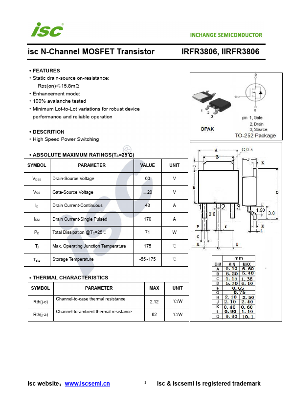 <?=IRFR3806?> डेटा पत्रक पीडीएफ