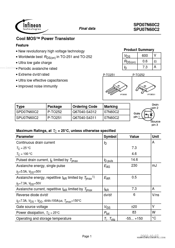 SPD07N60C2 Infineon Technologies