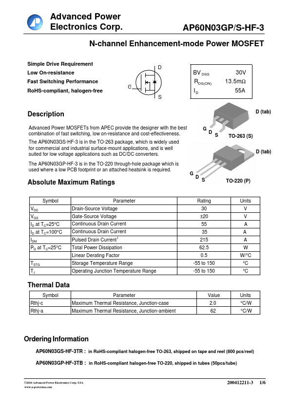 AP60N03GS-HF-3 Advanced Power Electronics