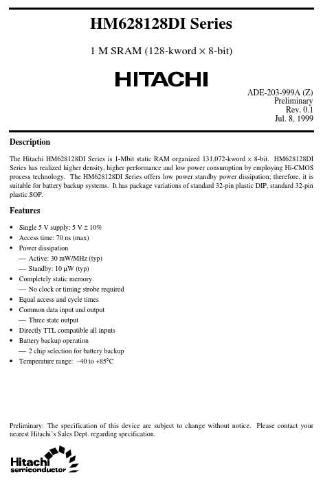 HM628128DI Hitachi Semiconductor