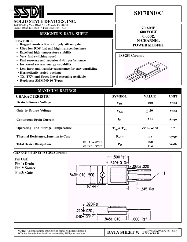 SFF70N10C SSDI