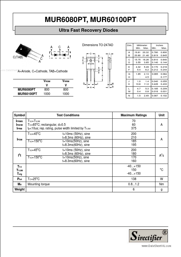 MUR60100PT Sirectifier Semiconductors