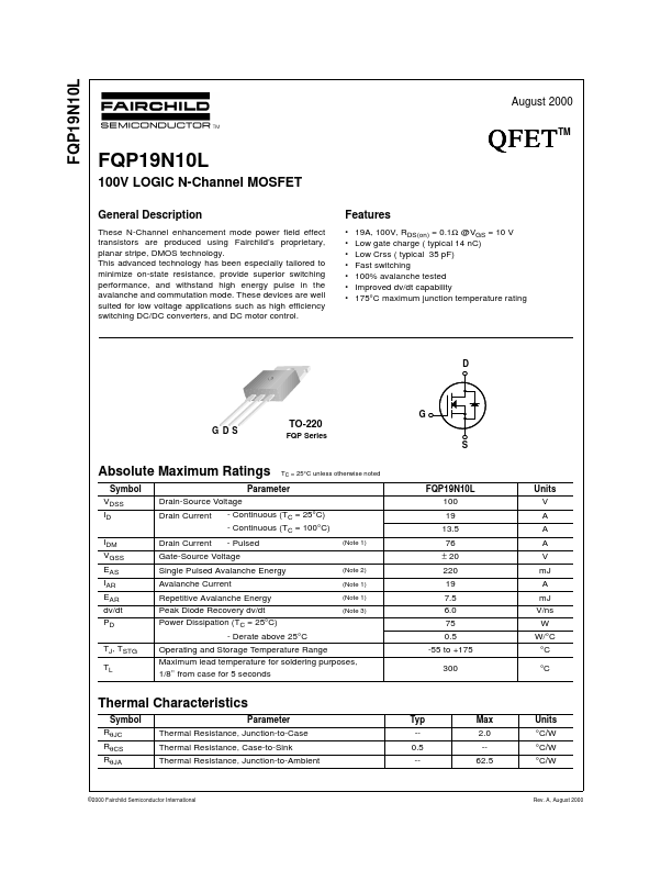 FQP19N10L Fairchild Semiconductor