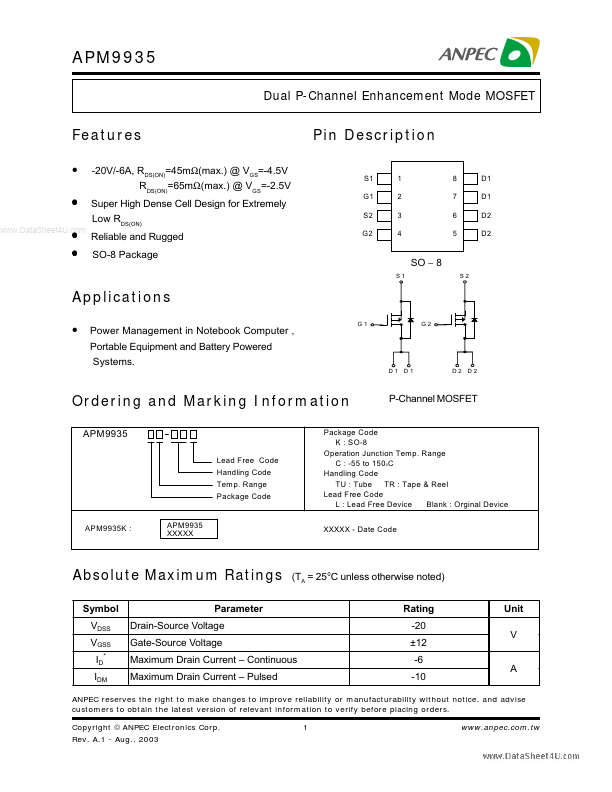 APM9935 Anpec Electronics Coropration