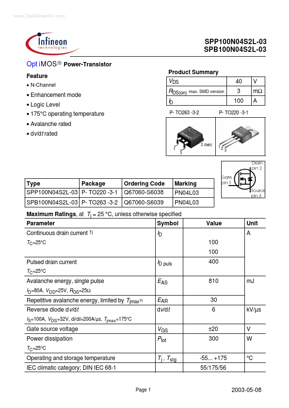 <?=SPP100N04S2L-03?> डेटा पत्रक पीडीएफ