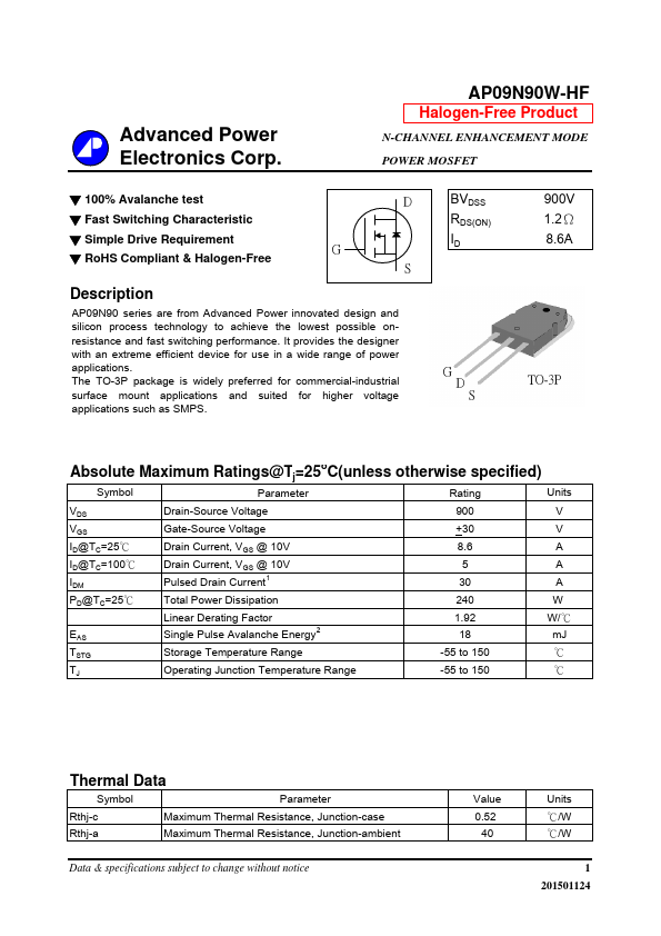AP09N90W-HF Advanced Power Electronics