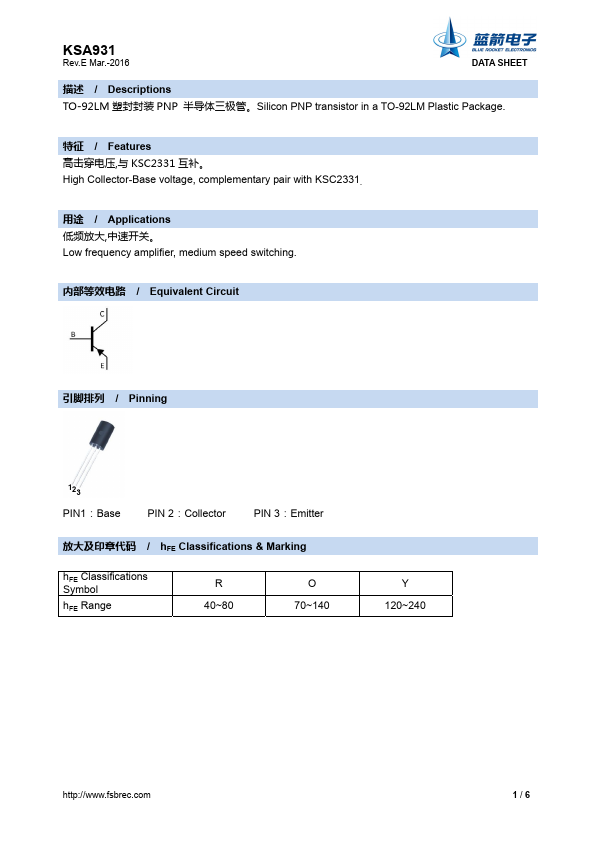 KSA931 BLUE ROCKET ELECTRONICS