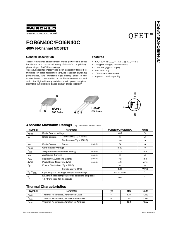 FQI6N40C Fairchild Semiconductor