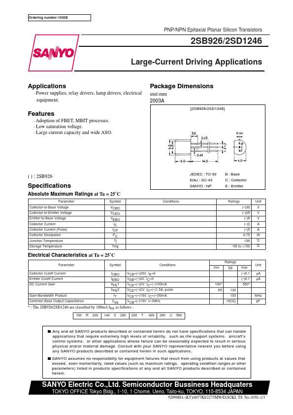 2SD1246 Sanyo Semicon Device