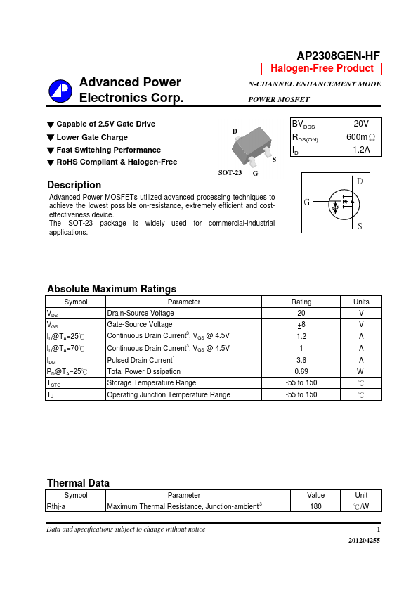 AP2308GEN-HF Advanced Power Electronics