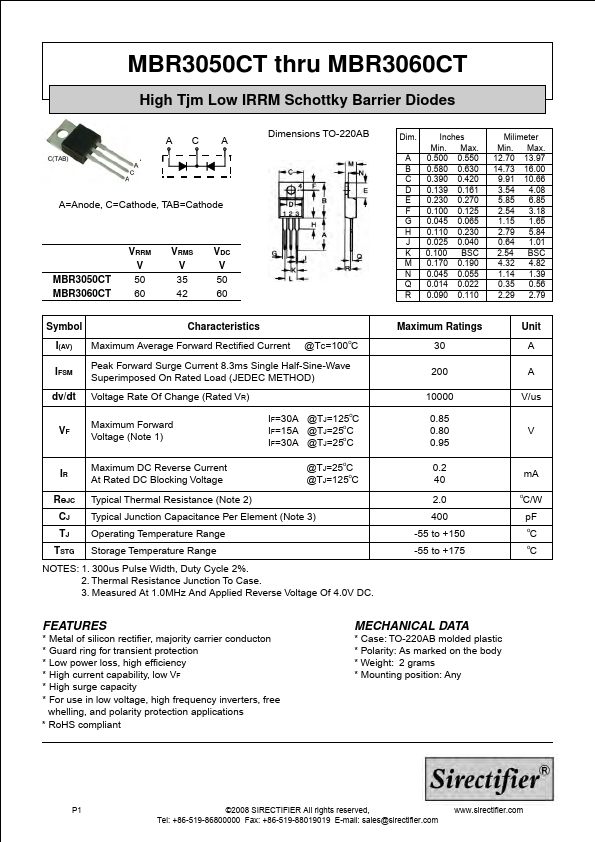 MBR3050CT SIRECTIFIER