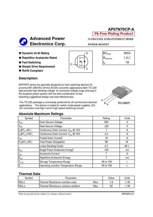<?=AP07N70CP-A?> डेटा पत्रक पीडीएफ