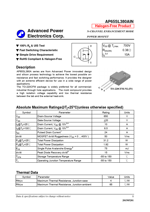 AP65SL380AIN Advanced Power Electronics