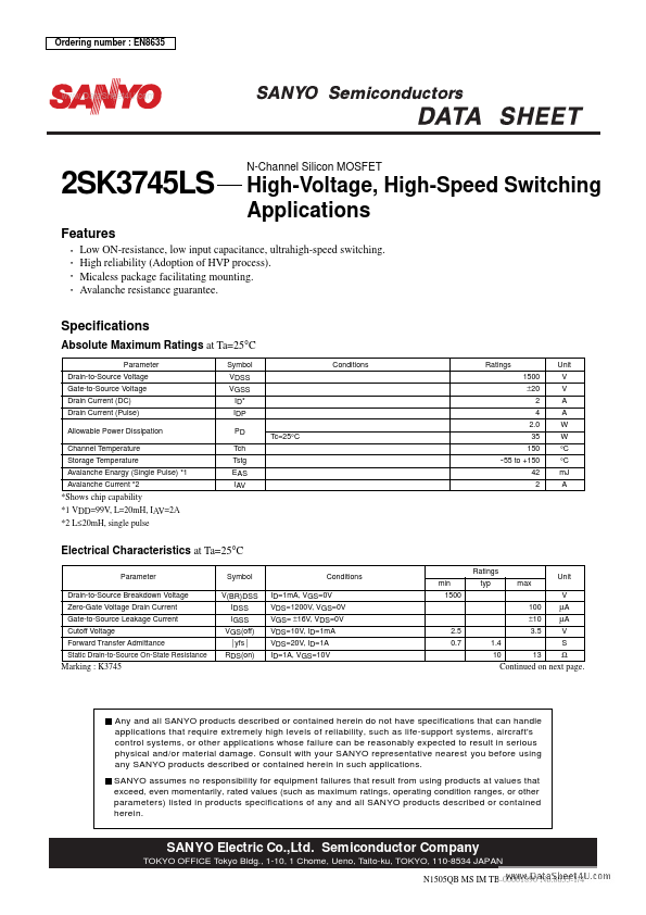 2SK3745LS Sanyo Semicon Device