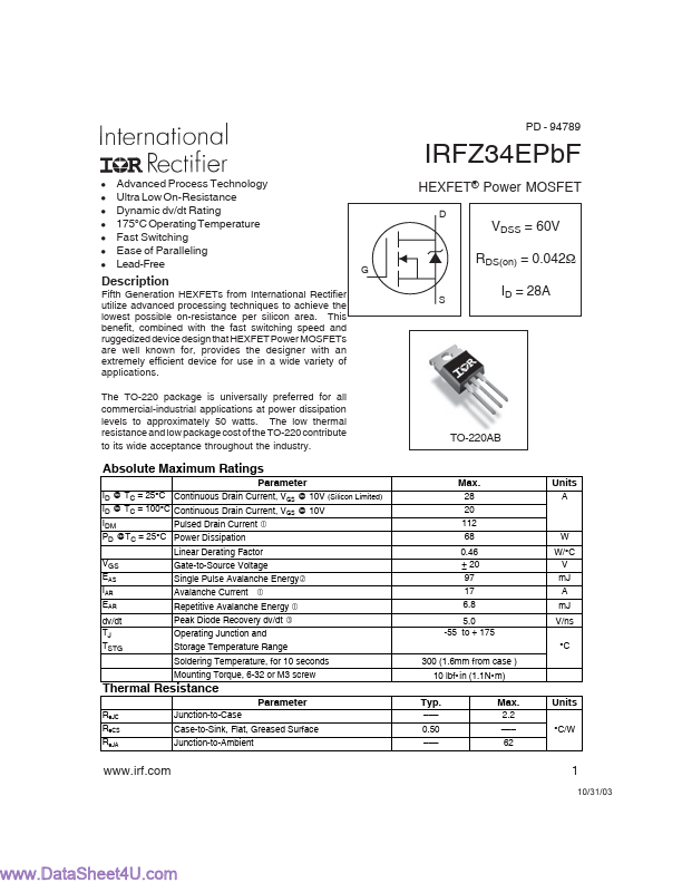 IRFZ34EPBF International Rectifier