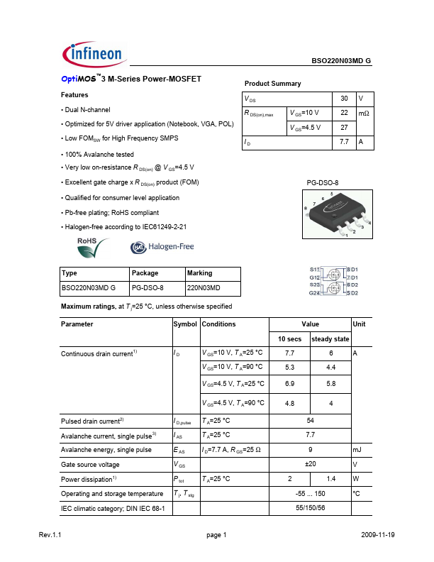 <?=BSO220N03MDG?> डेटा पत्रक पीडीएफ