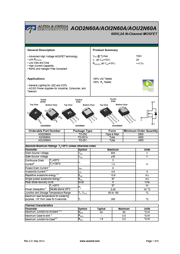 AOD2N60A Alpha & Omega Semiconductors