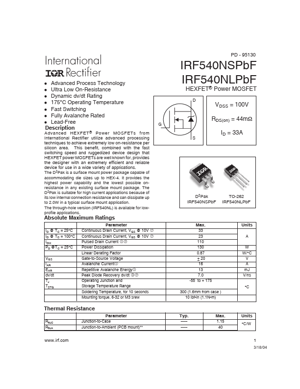 <?=IRF540NLPbF?> डेटा पत्रक पीडीएफ