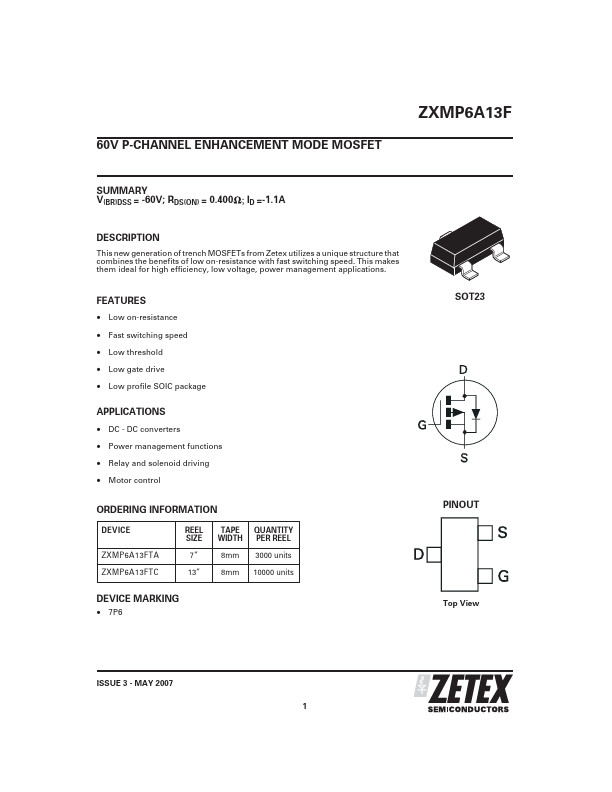 ZXMP6A13F Zetex Semiconductors