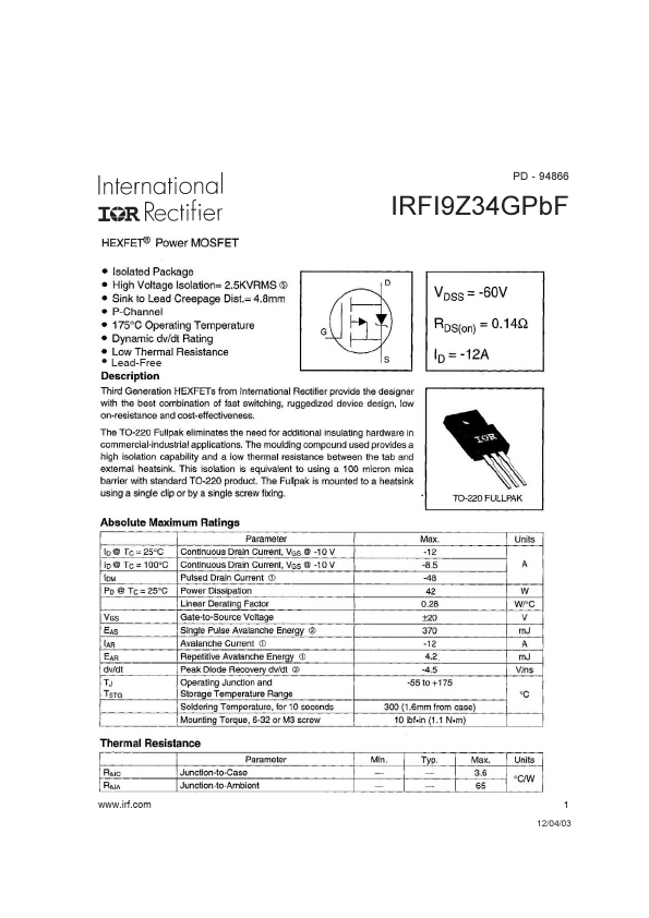 IRFI9Z34GPBF International Rectifier