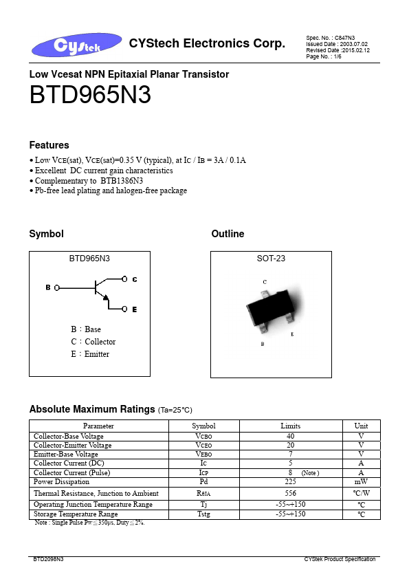 BTD965N3 Cystech Electonics