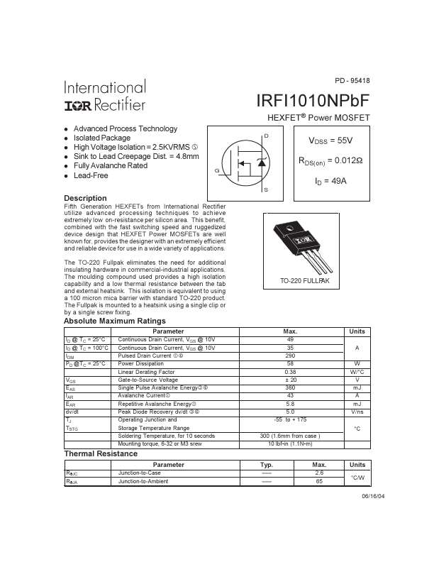 IRFI1010NPBF International Rectifier