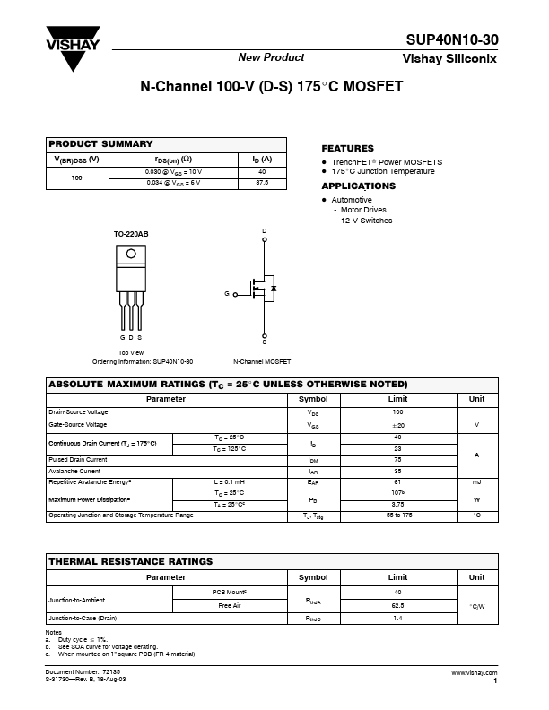 <?=SUP40N10-30?> डेटा पत्रक पीडीएफ