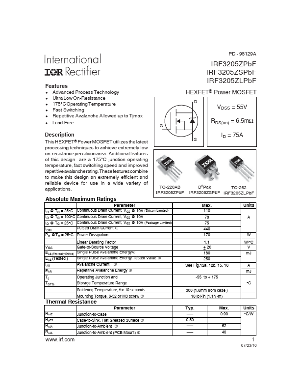 IRF3205ZSPbF International Rectifier