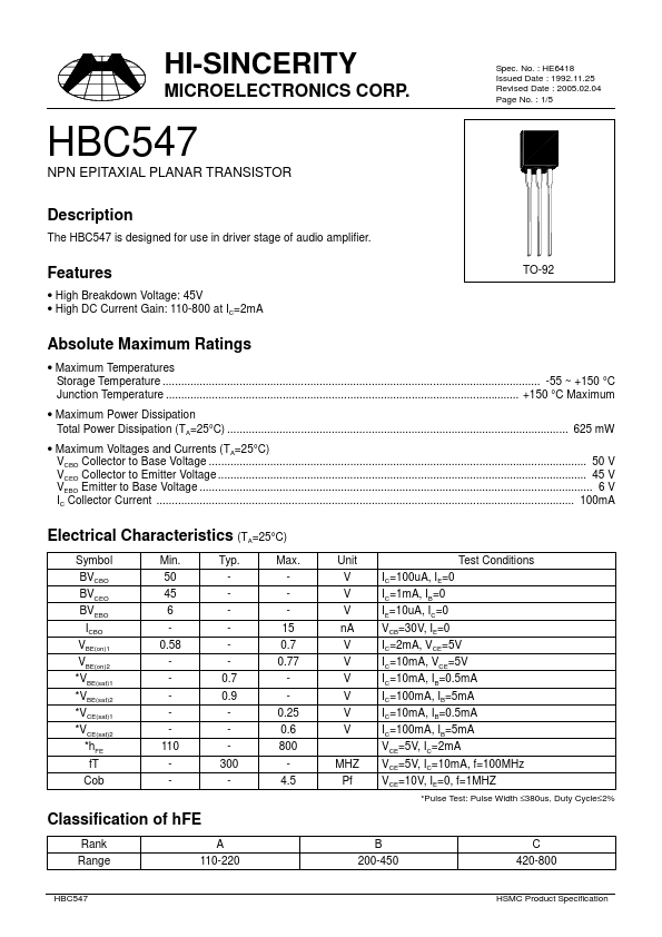 HBC547 Hi-Sincerity Mocroelectronics