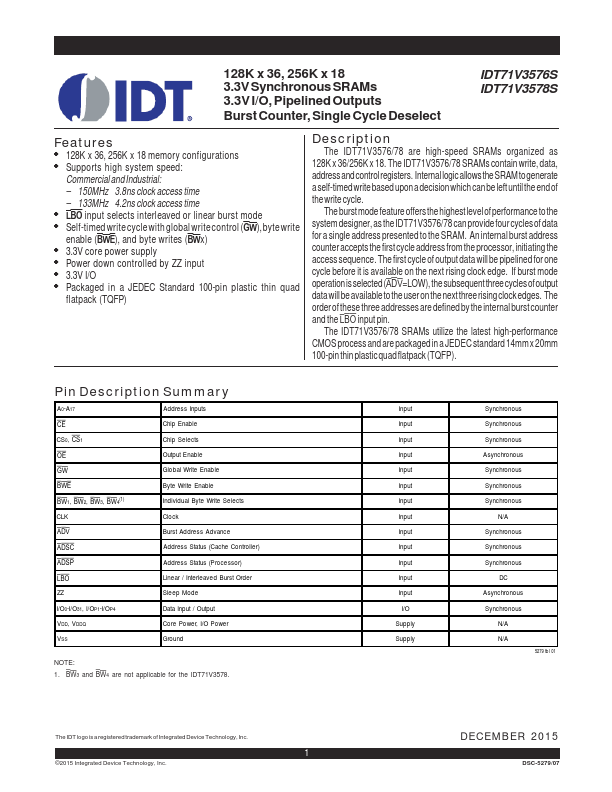 <?=IDT71V3578S?> डेटा पत्रक पीडीएफ