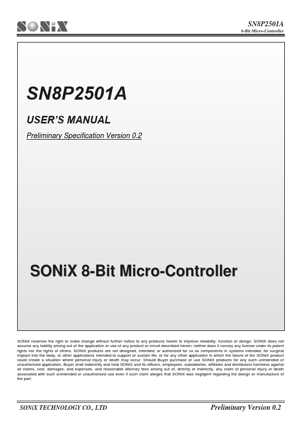 SN8P2501A SONiX Technology Company