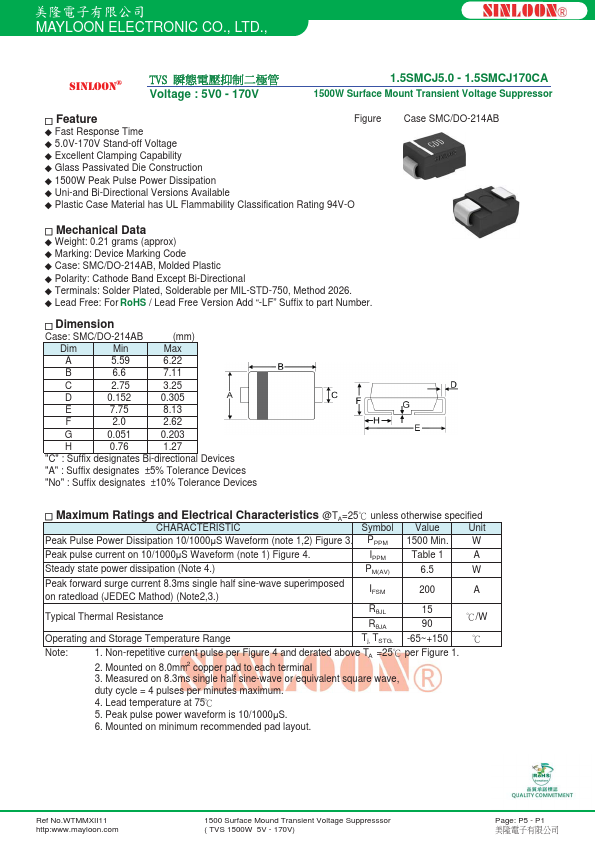 1.5SMCJ100CA MAYLOON