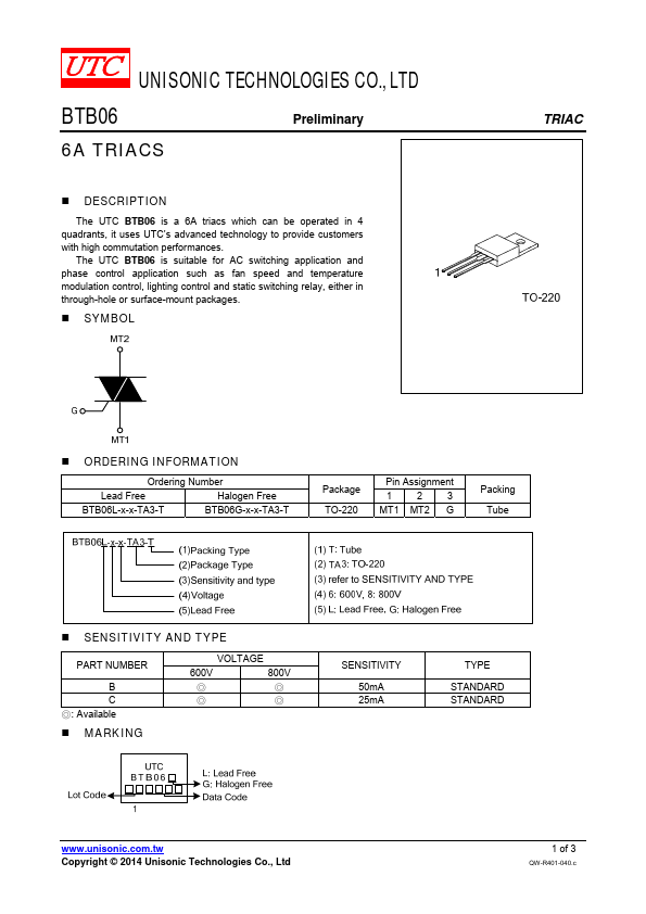 BTB06-600 Unisonic Technologies