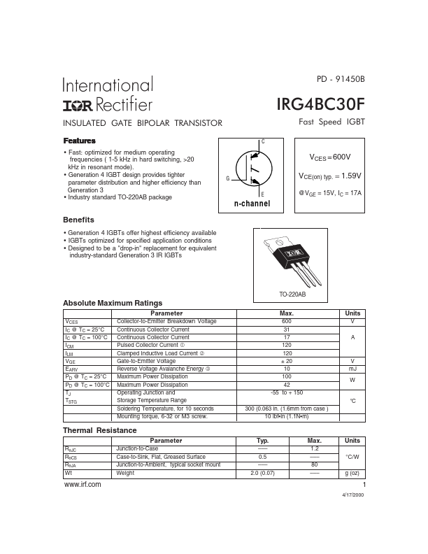 <?=IRG4BC30F?> डेटा पत्रक पीडीएफ