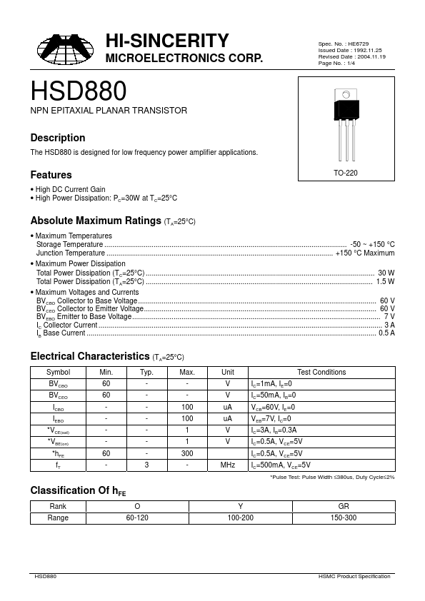 HSD880 Hi-Sincerity Mocroelectronics