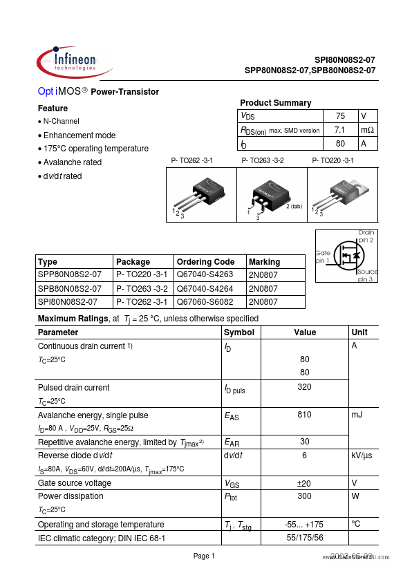 SPI80N08S2-07 Infineon Technologies