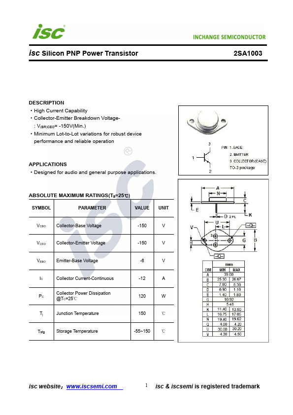 2SA1003 Inchange Semiconductor