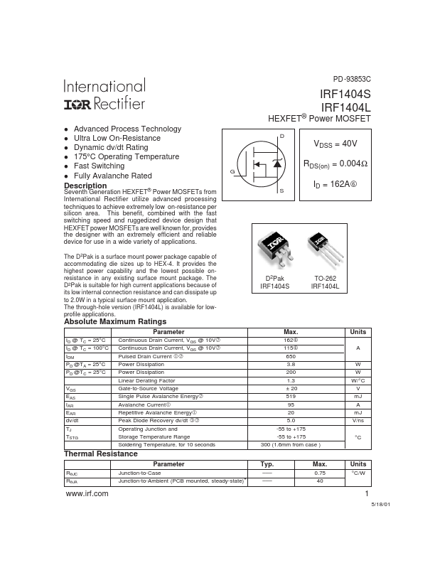 IRF1404L International Rectifier