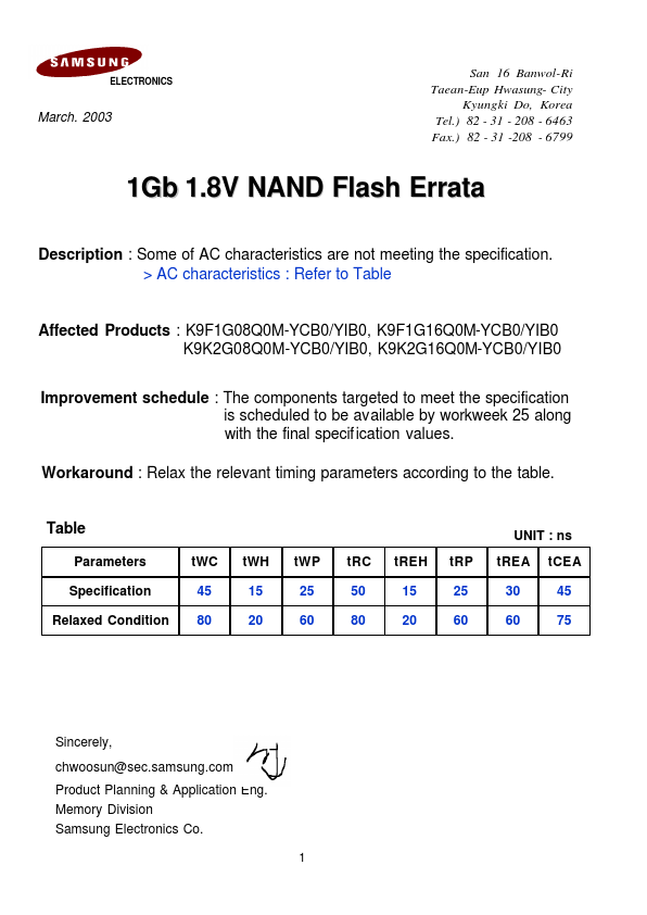 K9F1G08U0A Samsung semiconductor