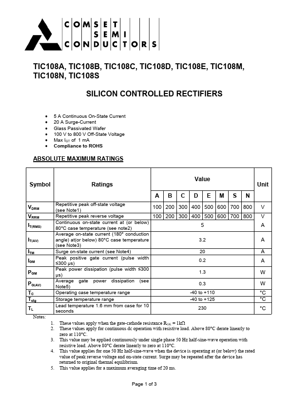 TIC108S Comset Semiconductors