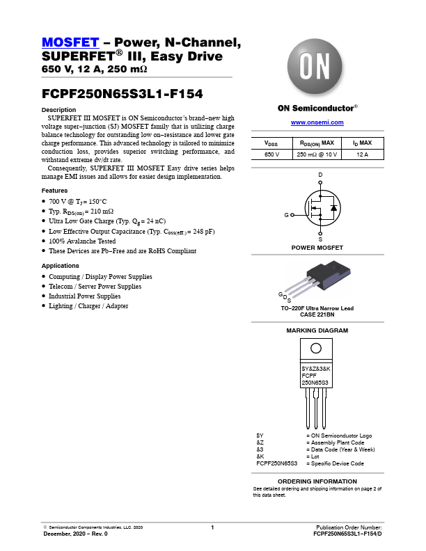 FCPF250N65S3L1-F154 ON Semiconductor