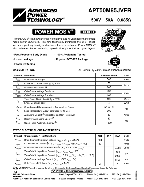 APT50M85JVFR Advanced Power Technology