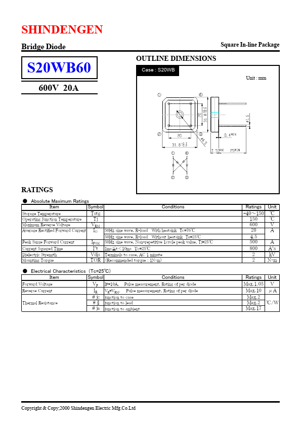 S20WB60 Shindengen Electric Mfg.Co.Ltd