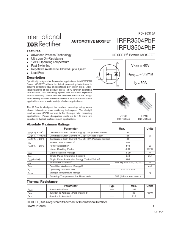 IRFR3504PbF International Rectifier
