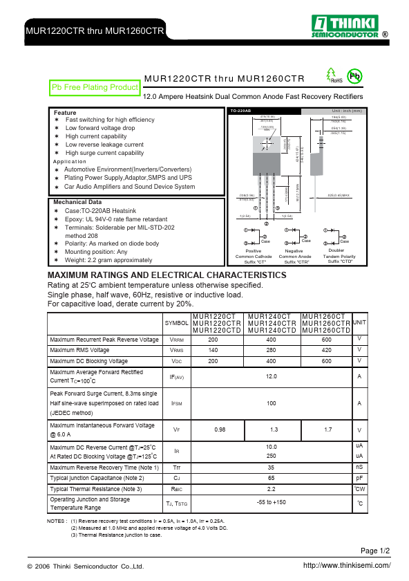 MUR1240CTD Thinki Semiconductor