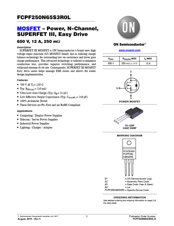 FCPF250N65S3R0L ON Semiconductor