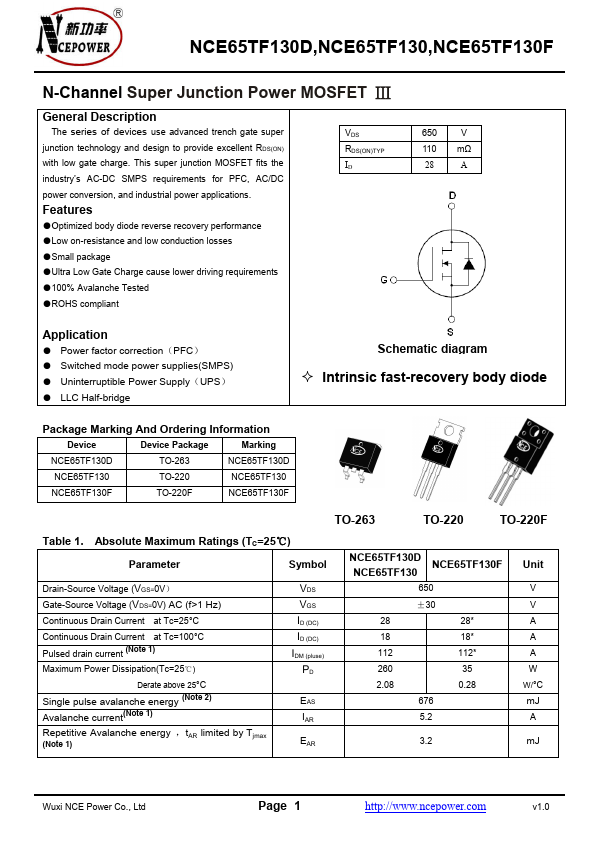 NCE65TF130D NCE Power Semiconductor