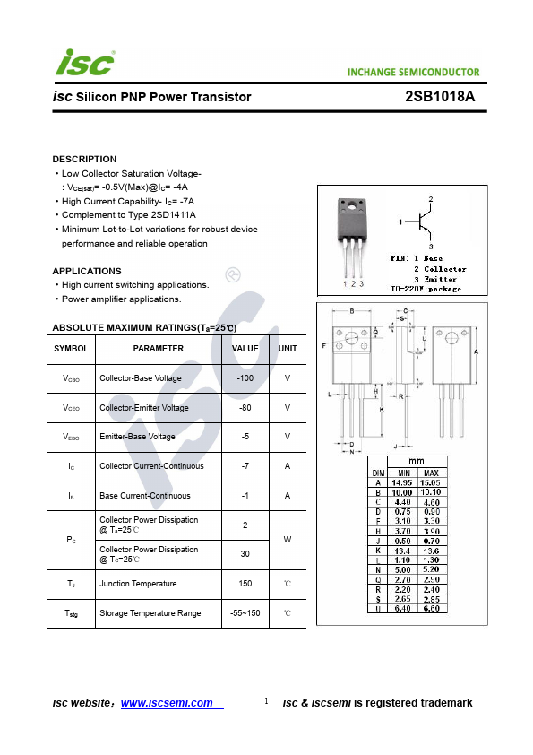 2SB1018A INCHANGE